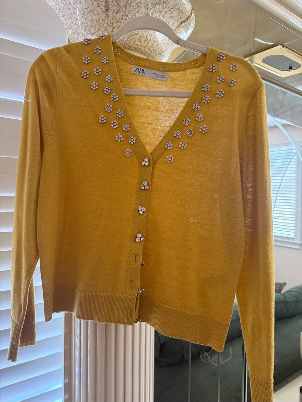 Zara Yellow Embellished V-Neck Cardigan